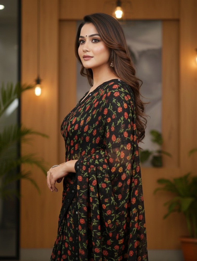 Black Floral Printed Saree with Sequin Border