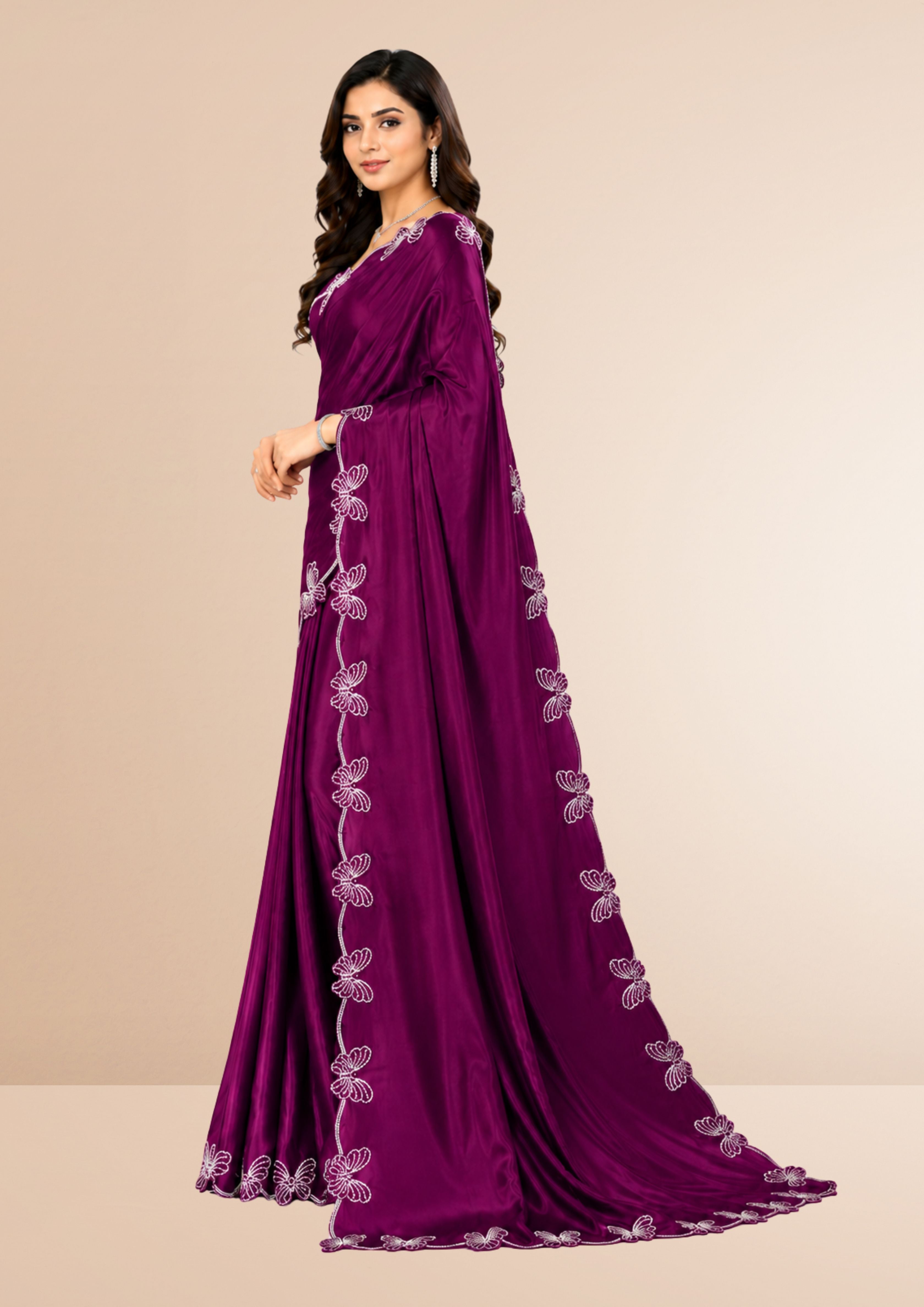 Wine Butterfly Swarovski Stone Work Saree