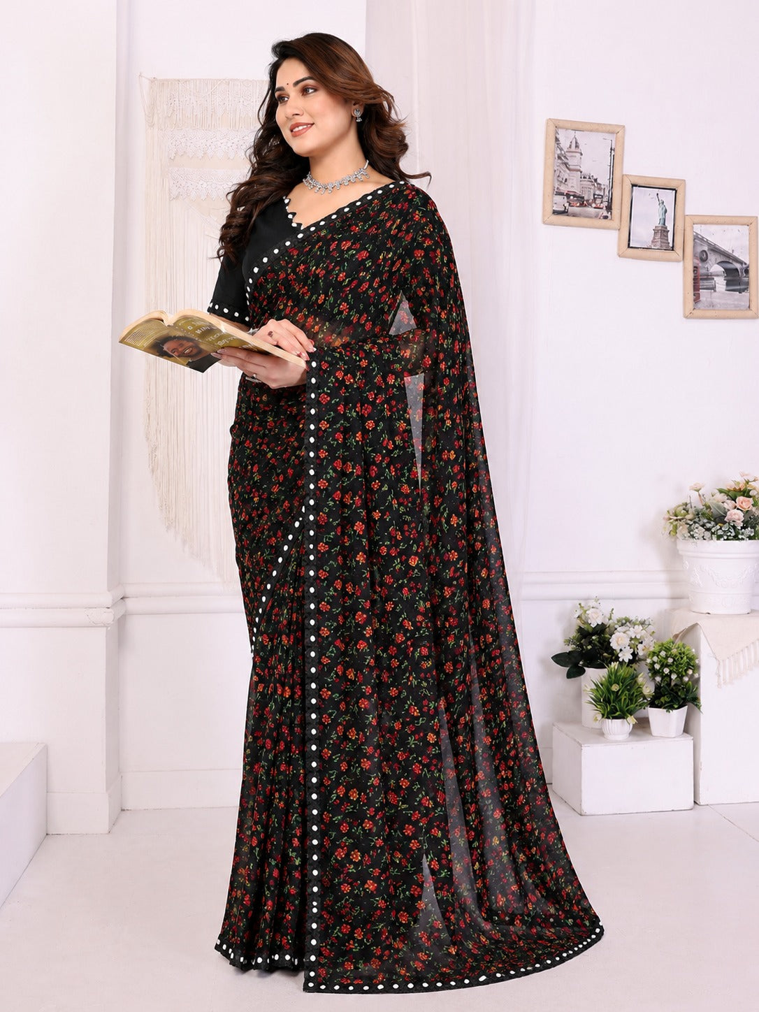 Black Floral Printed Saree with Sequin Mirror Border