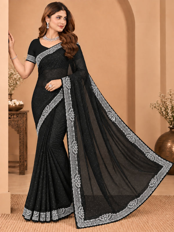 Women's Black Stone Work Saree with Floral Lace Border