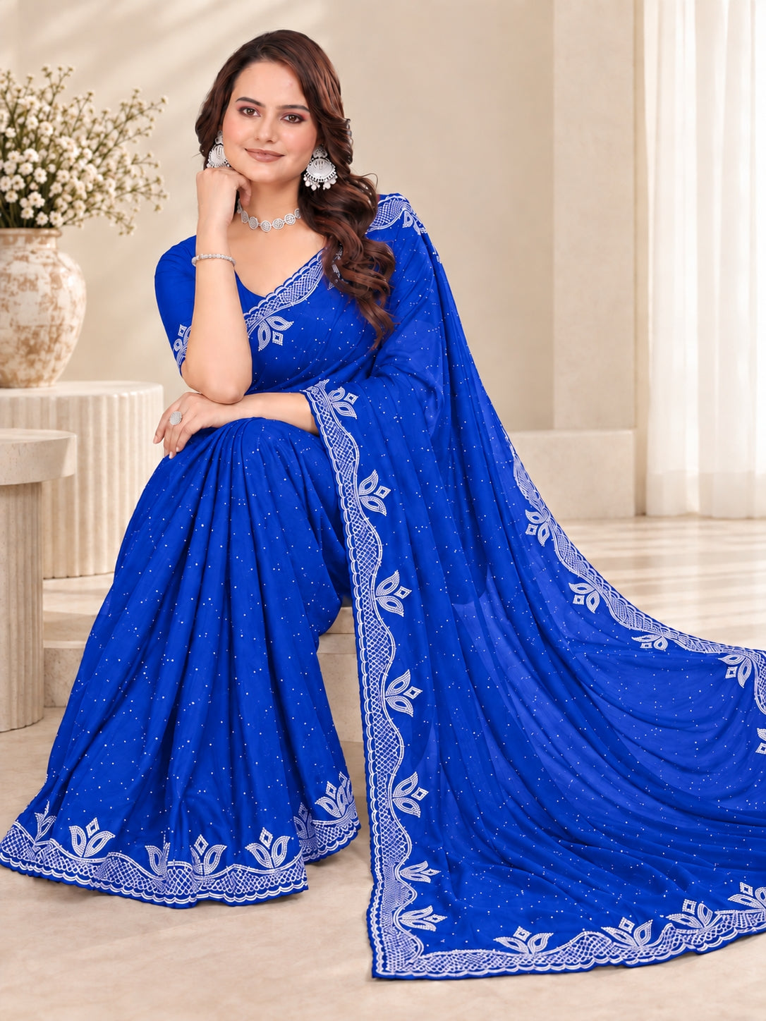 Royal Blue Stone Work Georgette Saree with Embroidered Lace Border