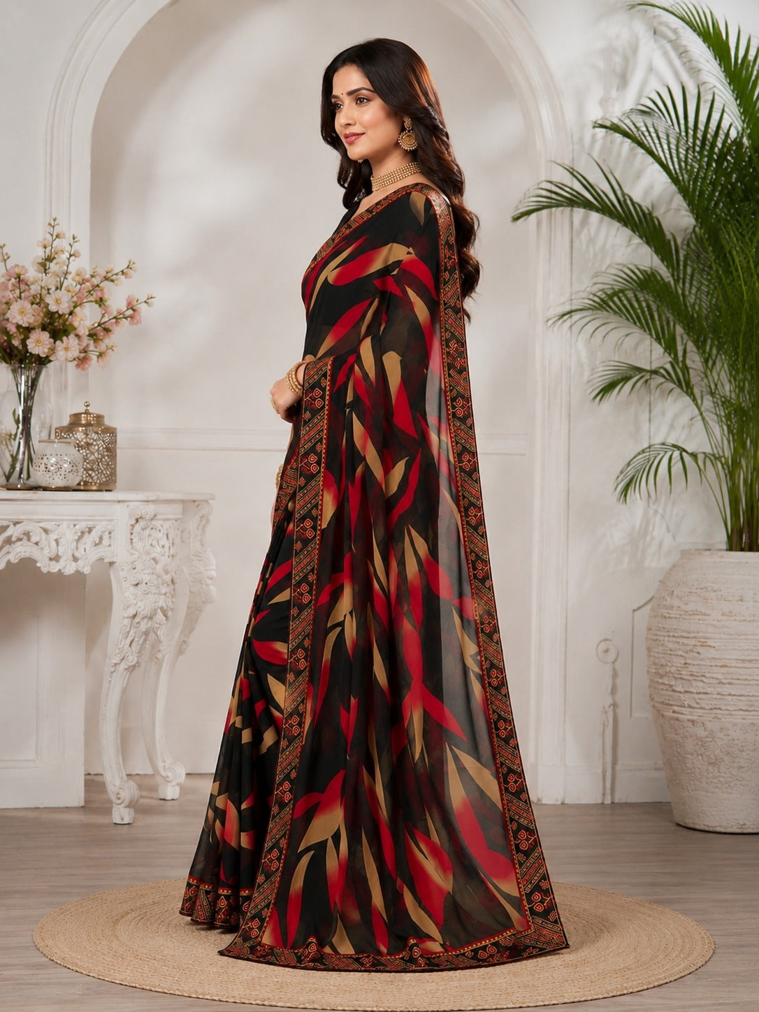 Black Floral Printed Saree with Ethnic Border Design