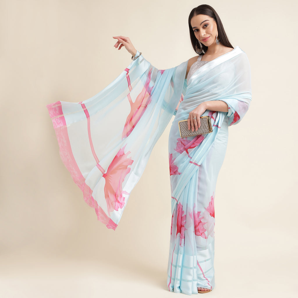 Magenta Pink Floral Printed Georgette Saree with Unstitched Blouse