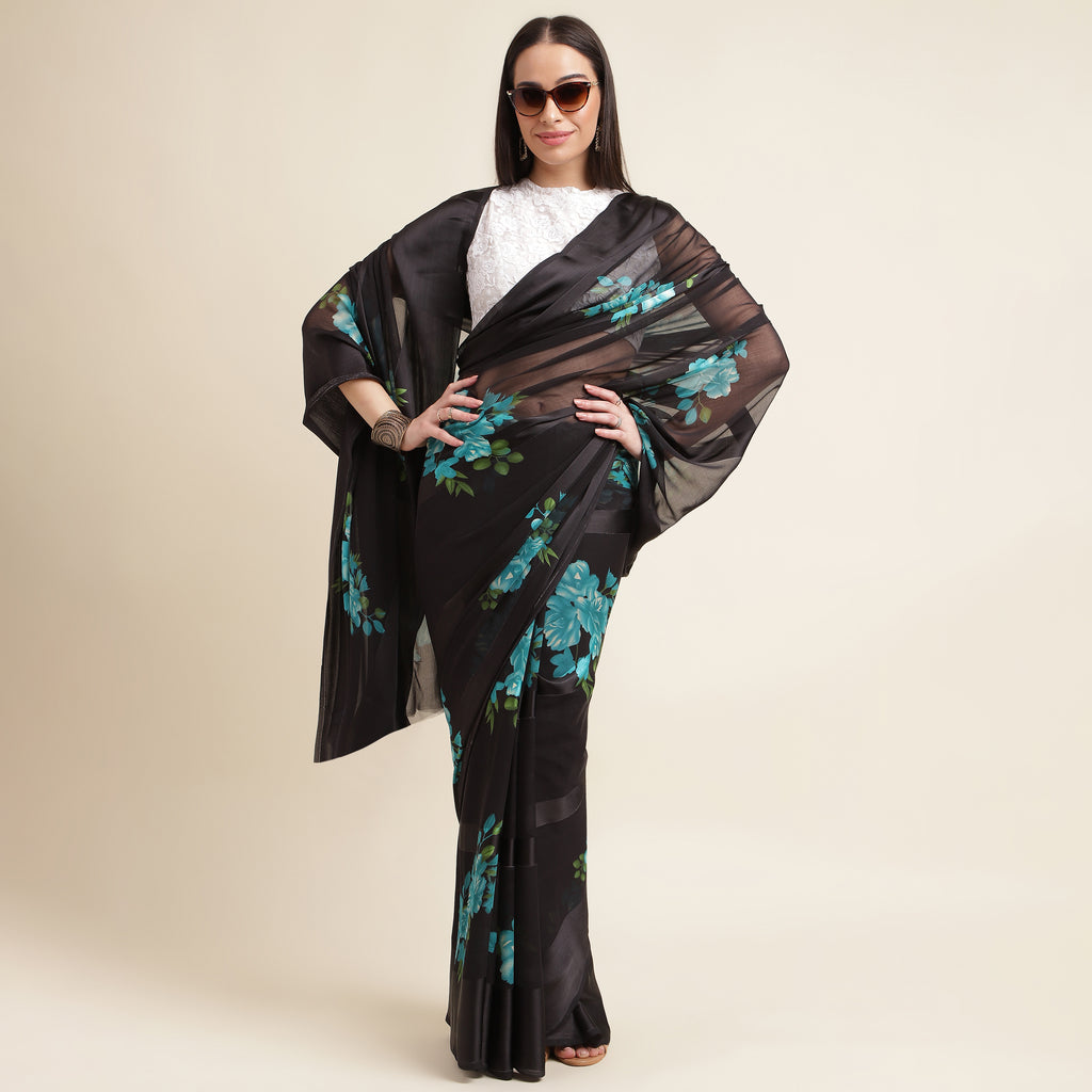 Green Floral Printed Georgette Saree With Sequin Border And Unstitched Blouse