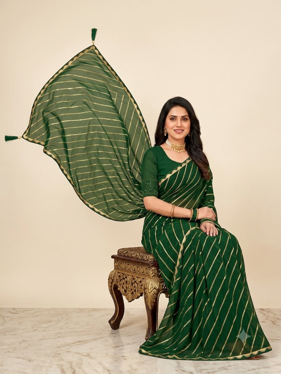 Green Saree with Golden Stripe Design