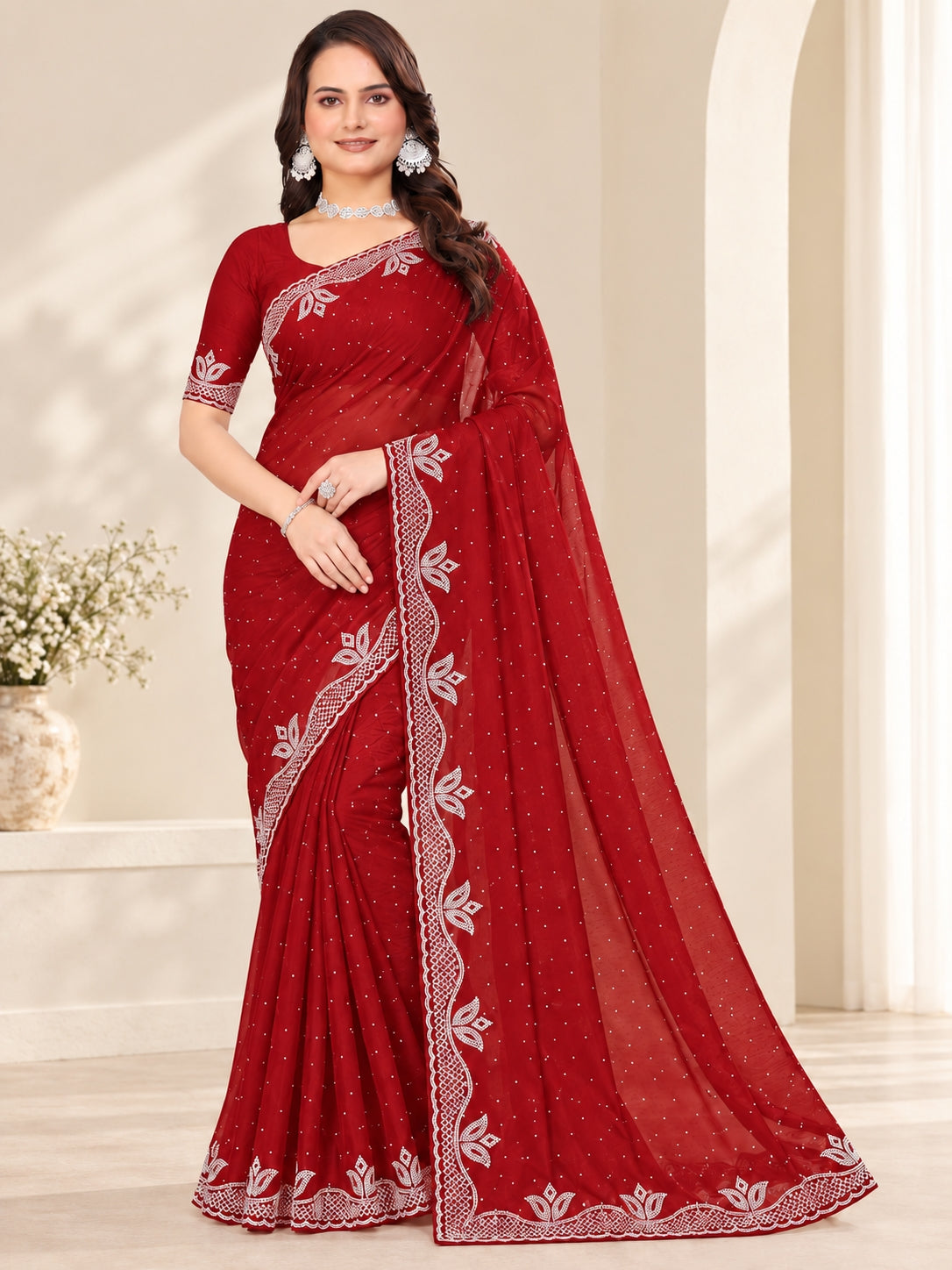 Red Stone Work Georgette Saree with Embroidered Lace Border