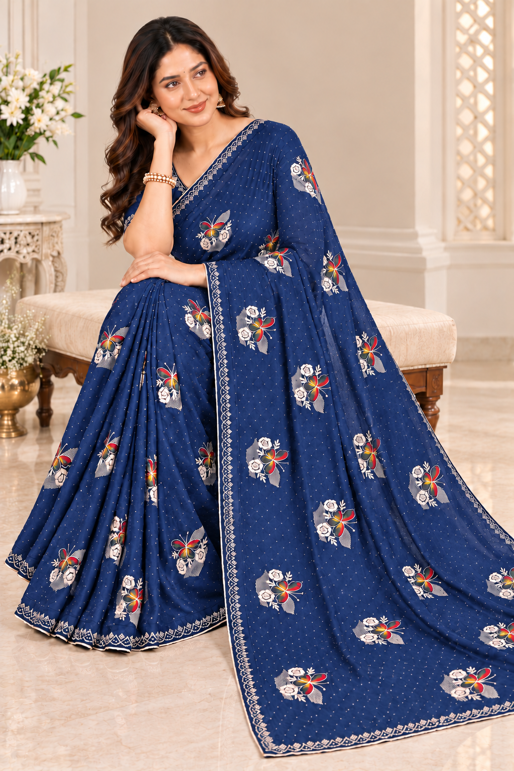 Party Wear Navy Blue Saree with Floral Embroidery and Stone Work Border