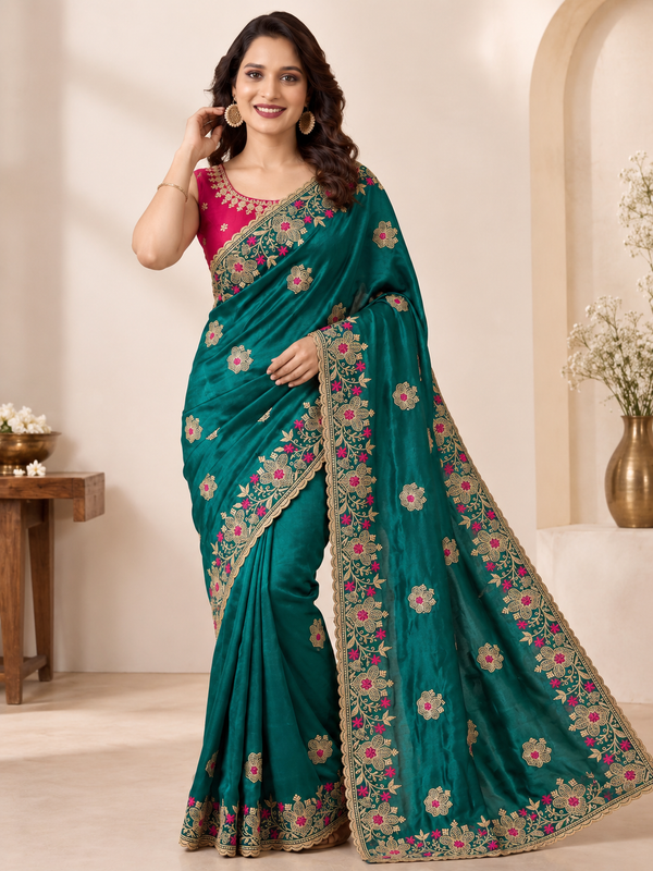 Designer Green Saree with Floral Embroidery and Zari Work