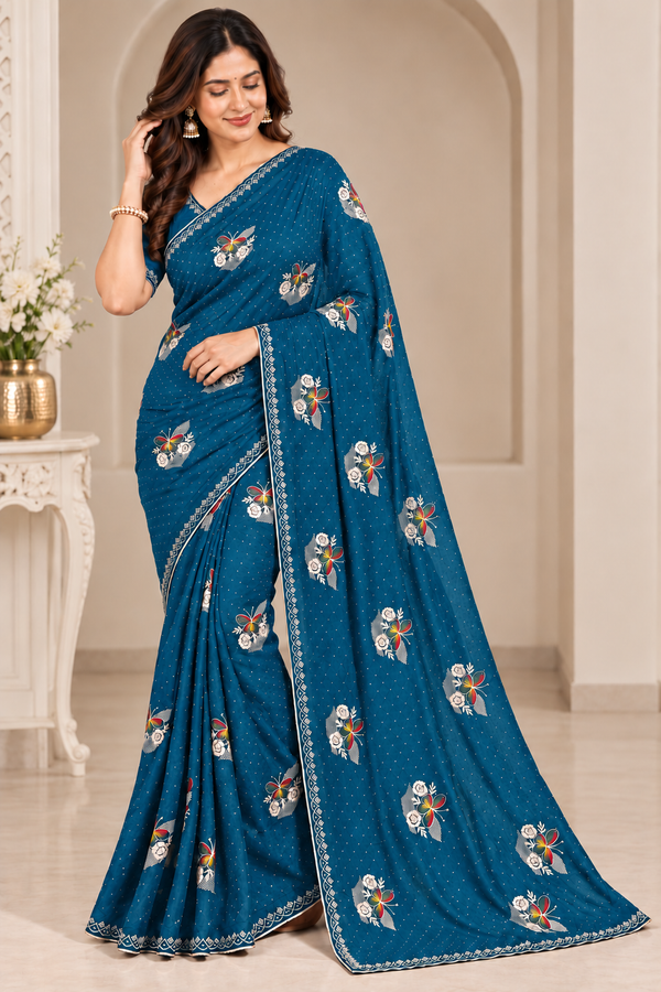 Designer Teal Jimmy Choo Saree with Embroidered Floral Motifs and Stone Lace