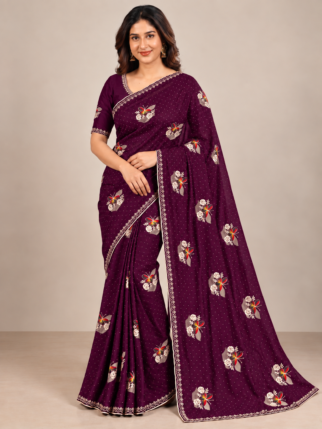 Purple Jimmy Choo Saree with Multicolor Floral Embroidery & Stone Work Lace Border