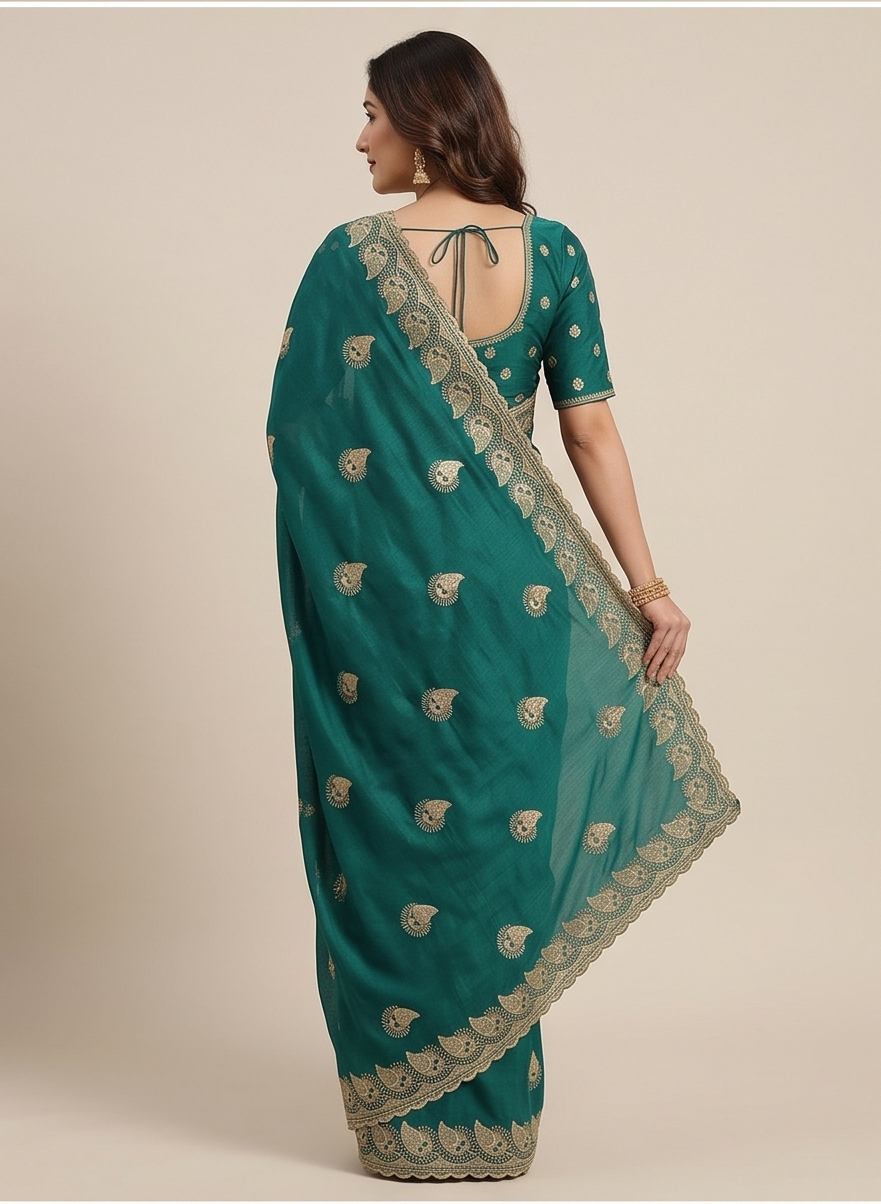 Zegoom Teal Satin Silk Saree with Gold Paisley Embroidery