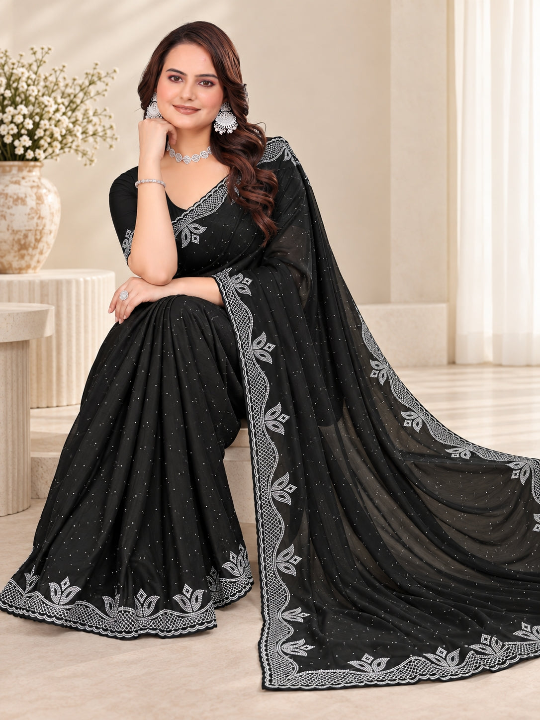 Black Georgette Saree with Embroidered Lace Border
