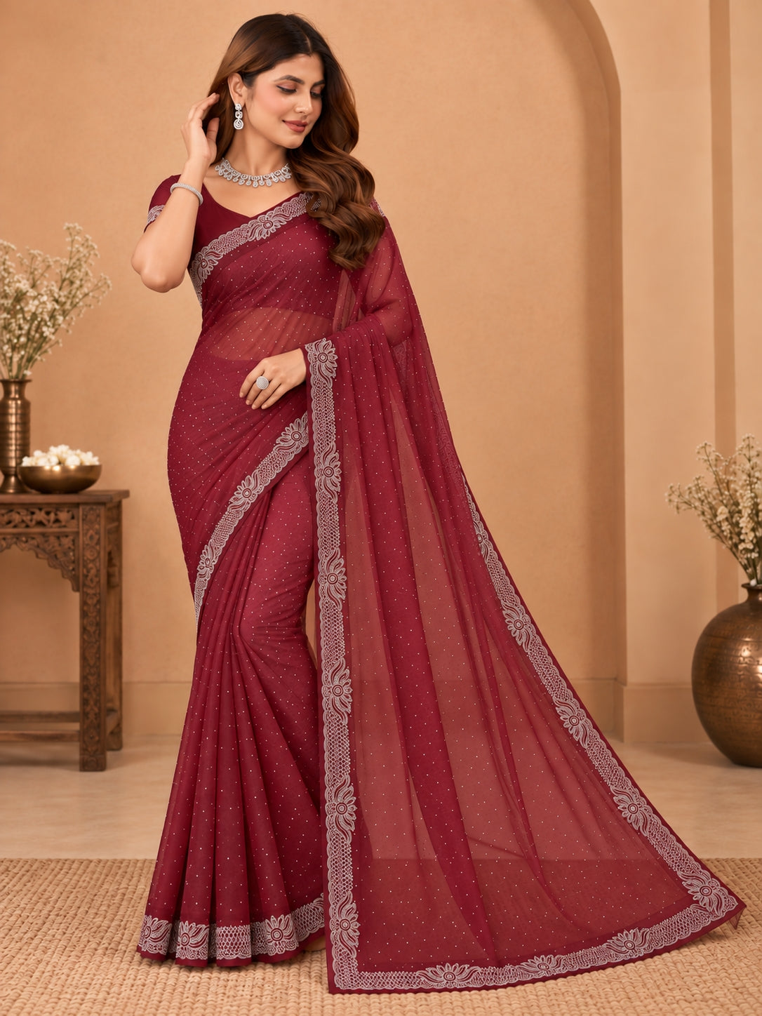Women's Maroon Hotfix Stone Work Saree with Floral Lace Border