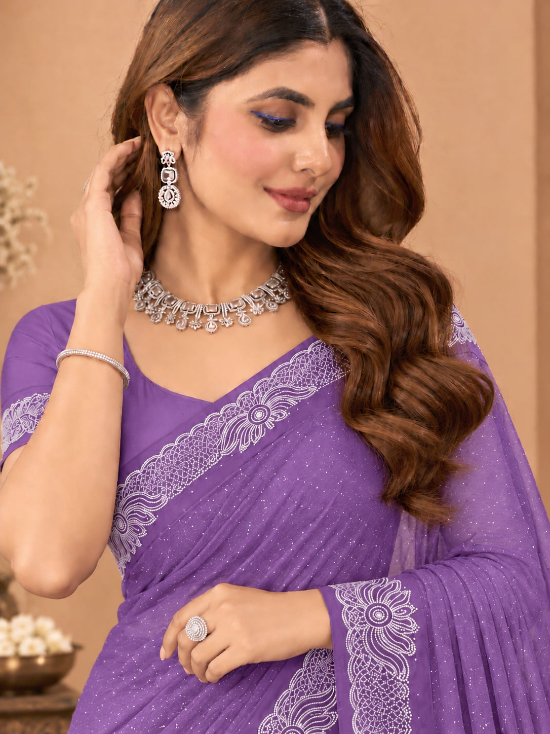 Women's Lavender Stone Work Saree with Floral Lace Border