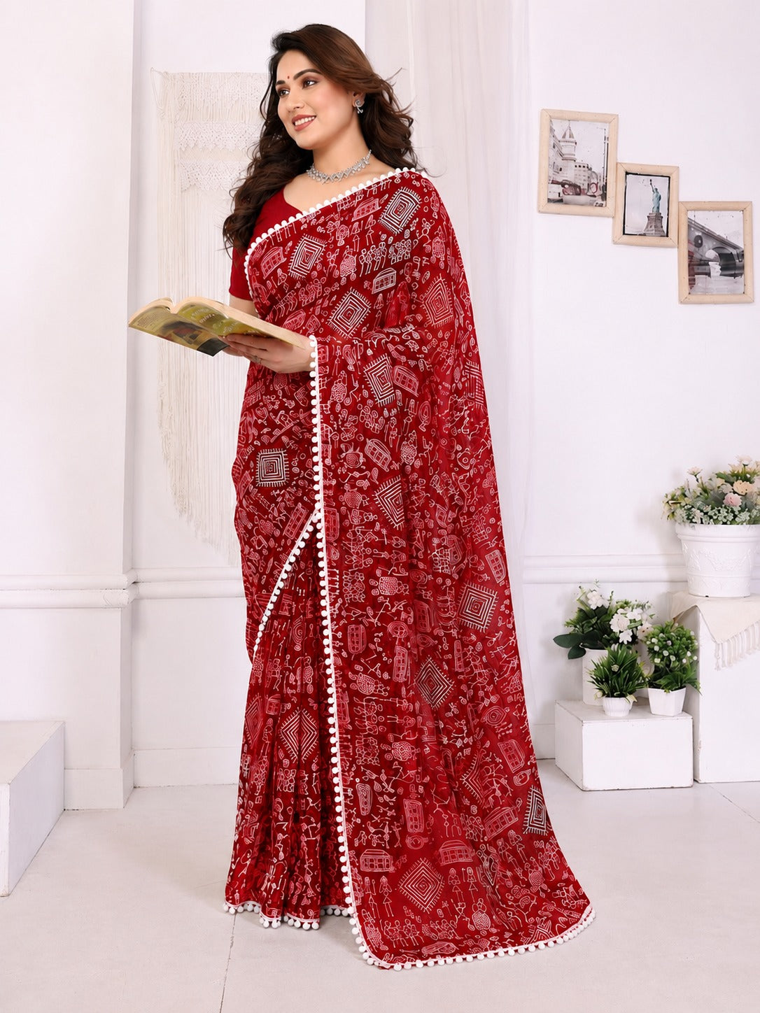 Red Tribal Print Saree with White Pom-Pom Lace Border
