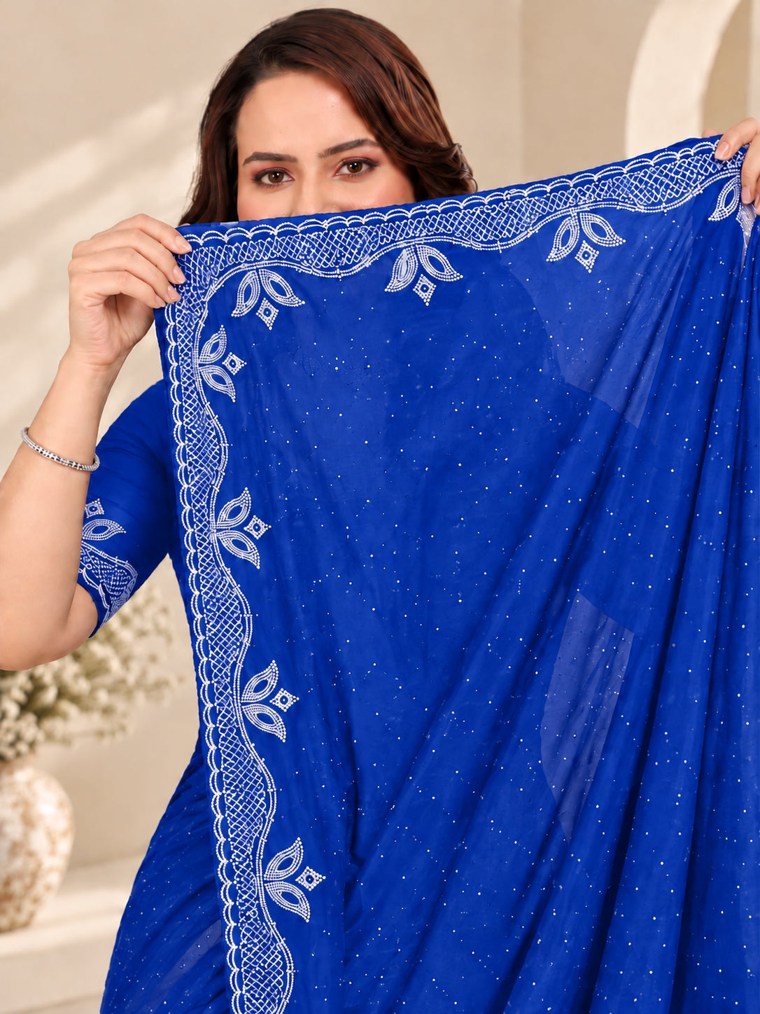 Royal Blue Stone Work Georgette Saree with Embroidered Lace Border