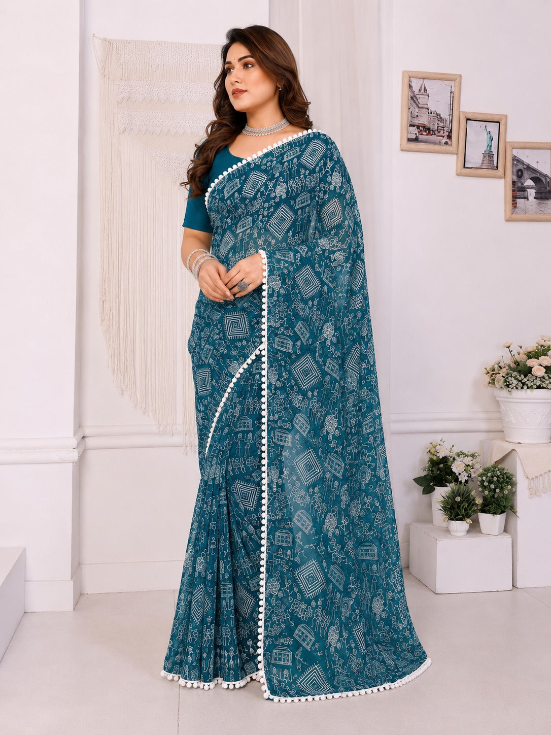 Teal Tribal Print Saree with White Pom-Pom Lace Border