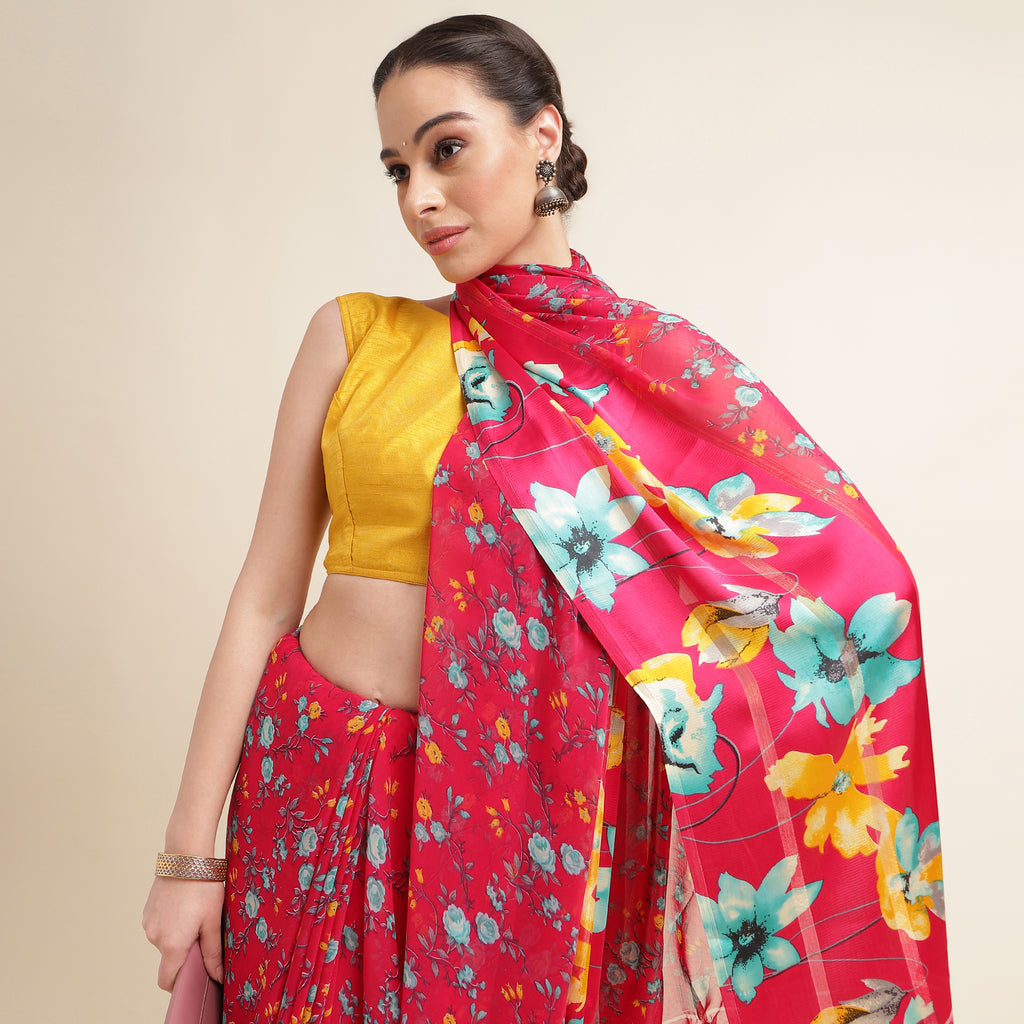 Red Printed Georgette Saree