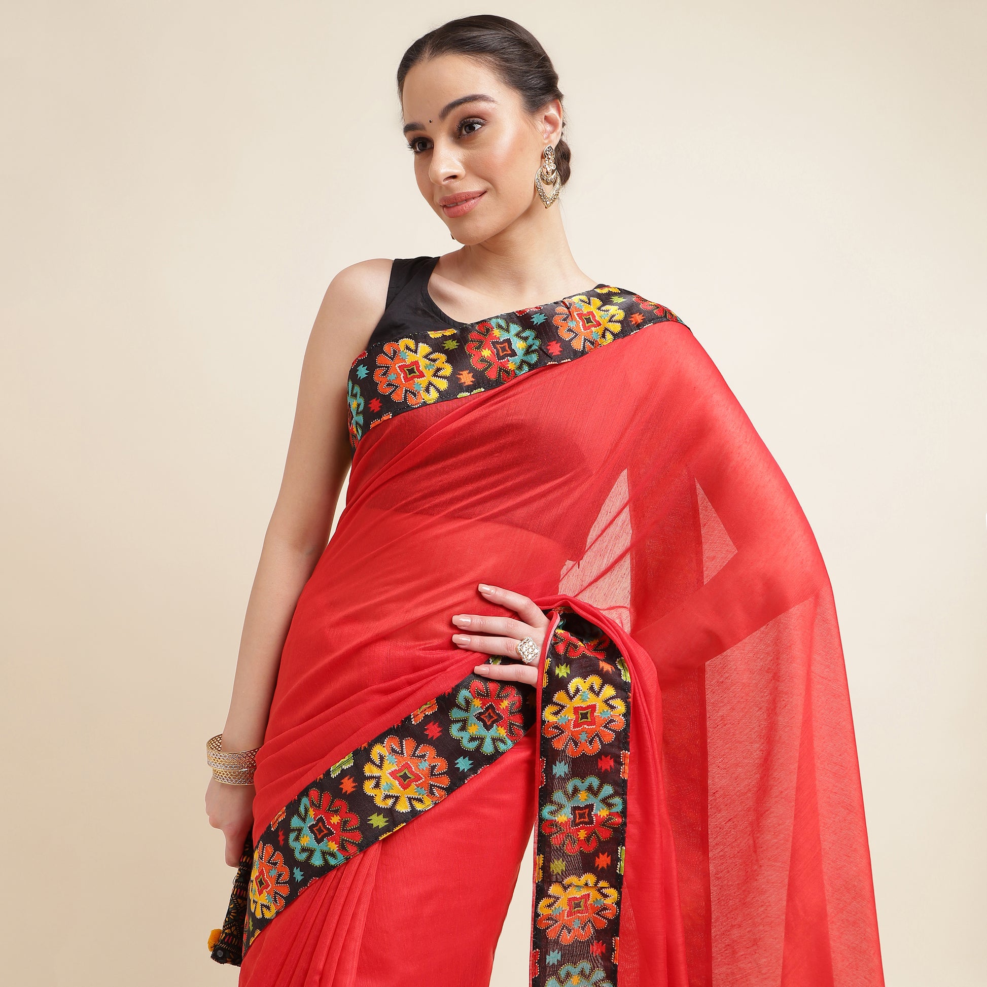 Chanderi Cottton Red Lace border Saree With blouse