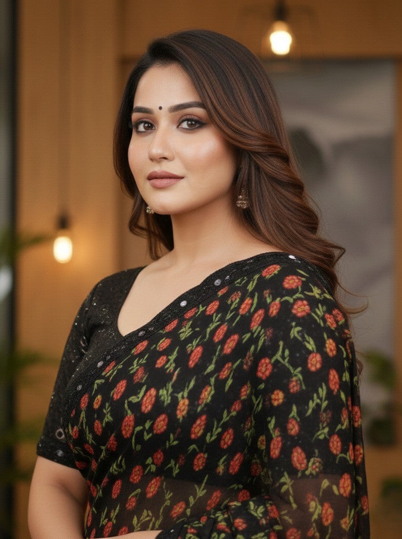 Black Floral Printed Saree with Sequin Border