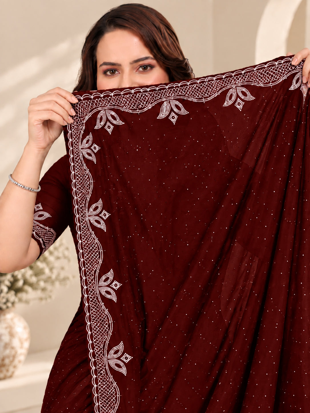 Maroon Stone Work Georgette Saree with Embroidered Lace Border