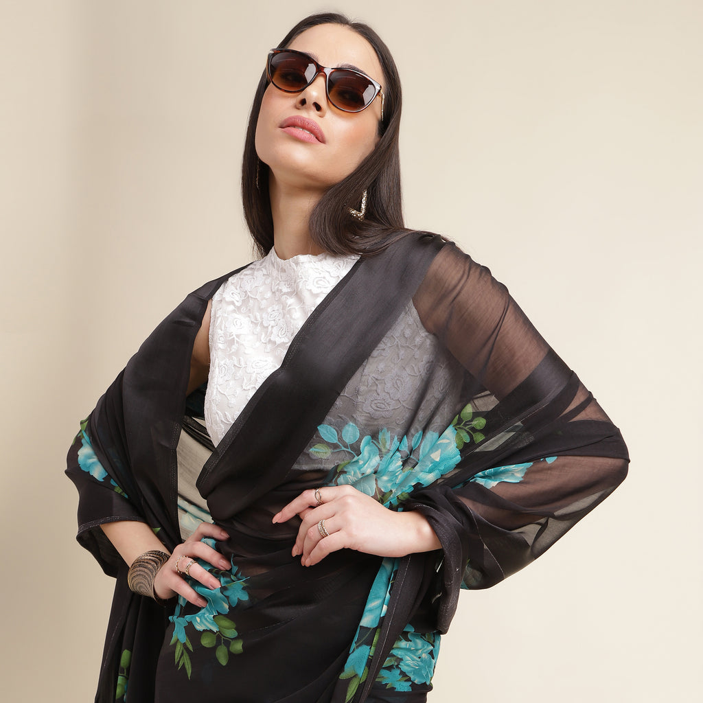 Green Floral Printed Georgette Saree With Sequin Border And Unstitched Blouse
