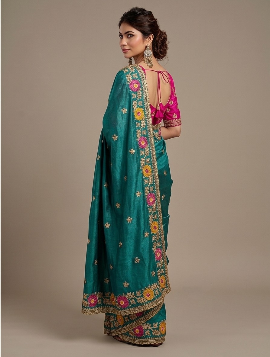Designer Teal Floral Embroidered Saree with Fancy Border Work