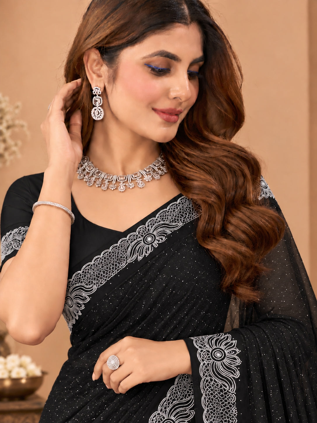 Women's Black Stone Work Saree with Floral Lace Border