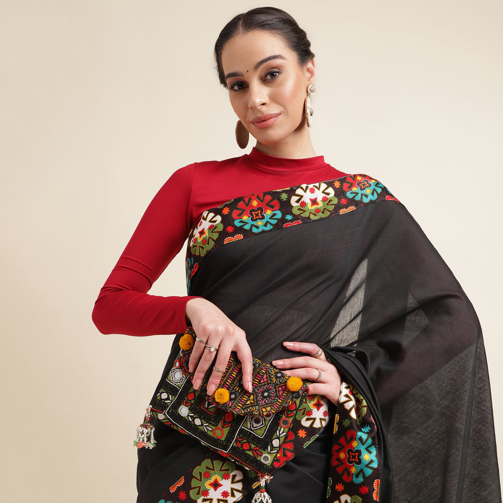 Black Cotton  Self Design Chanderi Saree