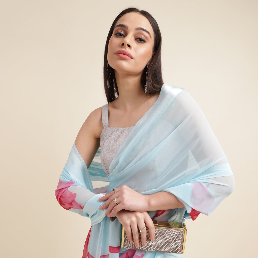 Magenta Pink Floral Printed Georgette Saree with Unstitched Blouse