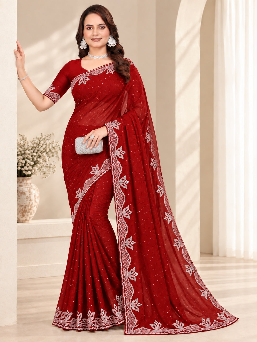 Red Stone Work Georgette Saree with Embroidered Lace Border