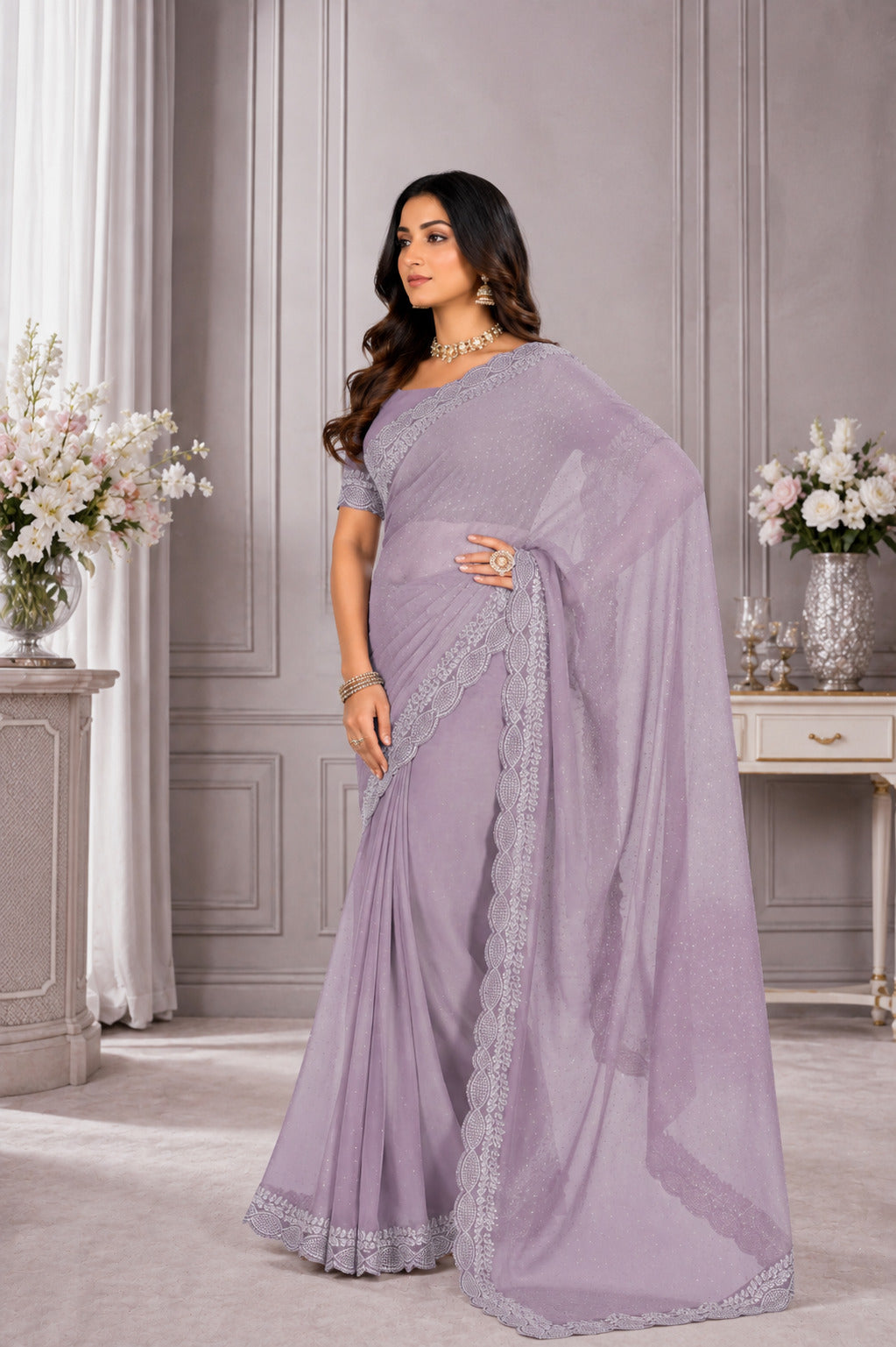 Levender Saree with Embellished Lace Border & Pearl-Like Detailing