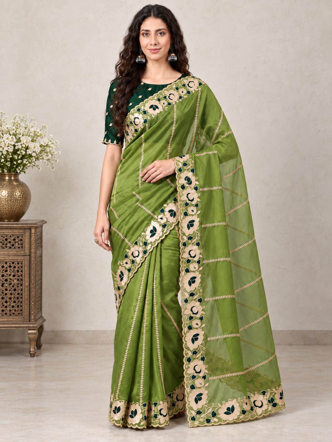 Zegoom Green Satin Silk Saree with Floral Embroidery & Scalloped Border