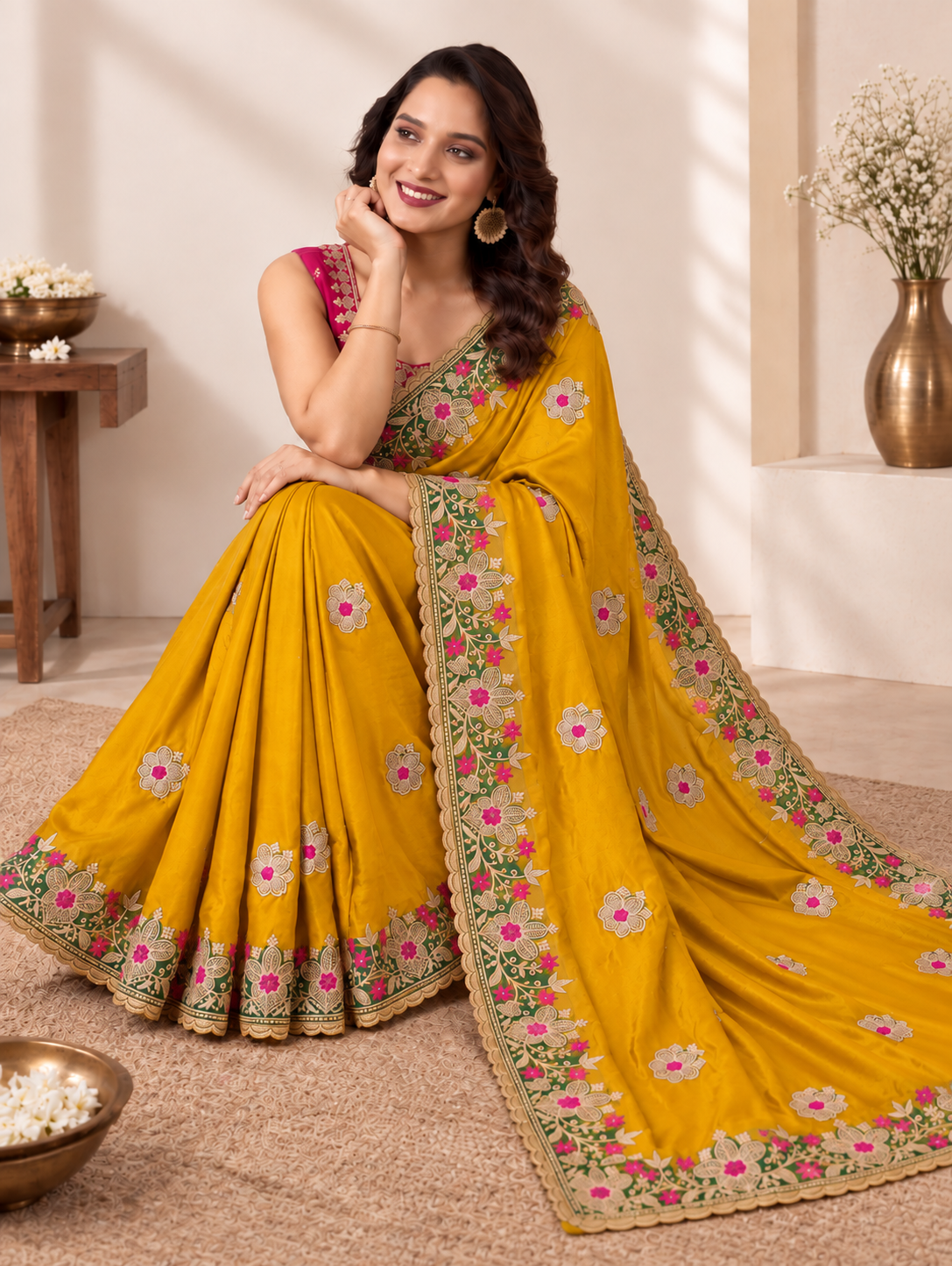 Designer Yellow Saree with Floral Embroidery and Zari Work