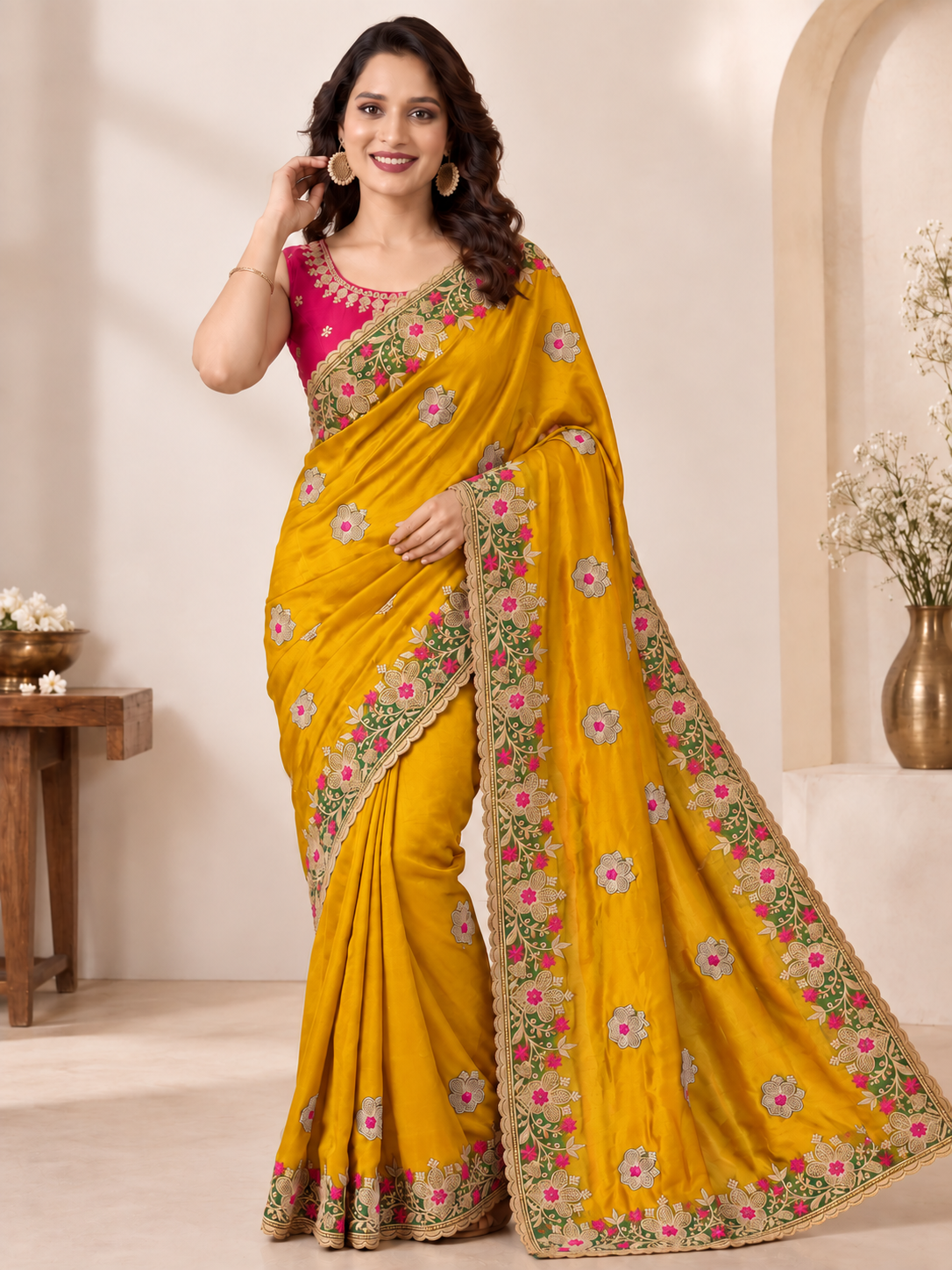 Designer Yellow Saree with Floral Embroidery and Zari Work