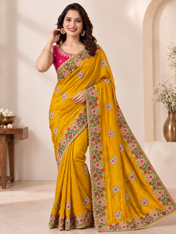 Designer Yellow Saree with Floral Embroidery and Zari Work