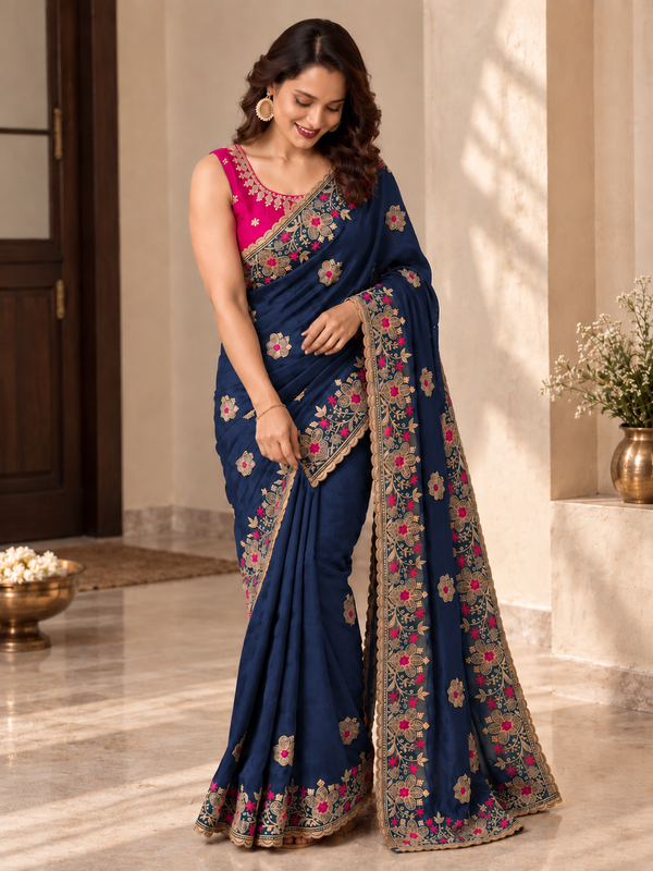 Designer Navy Blue Saree with Floral Embroidery and Zari Work