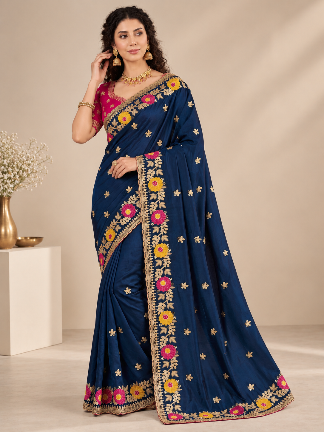 Designer Navy Blue Floral Embroidered Saree with Fancy Border Work