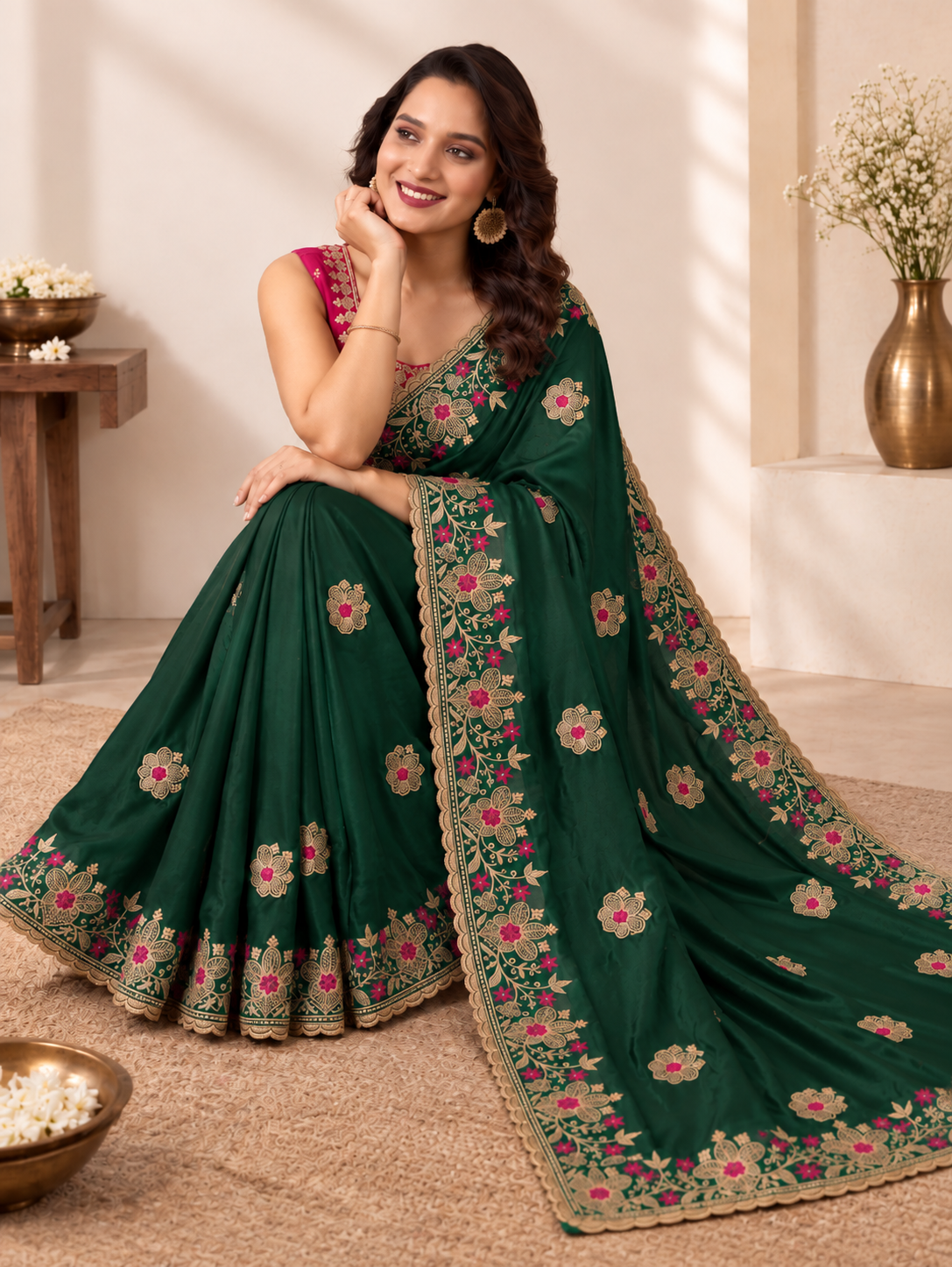 Designer Green Saree with Floral Embroidery and Zari Work