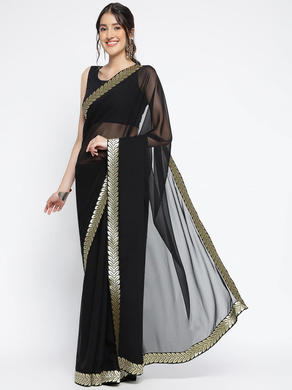 Elegant Solid Georgette Saree with Exquisite Lace Border - Stylish and Timeless