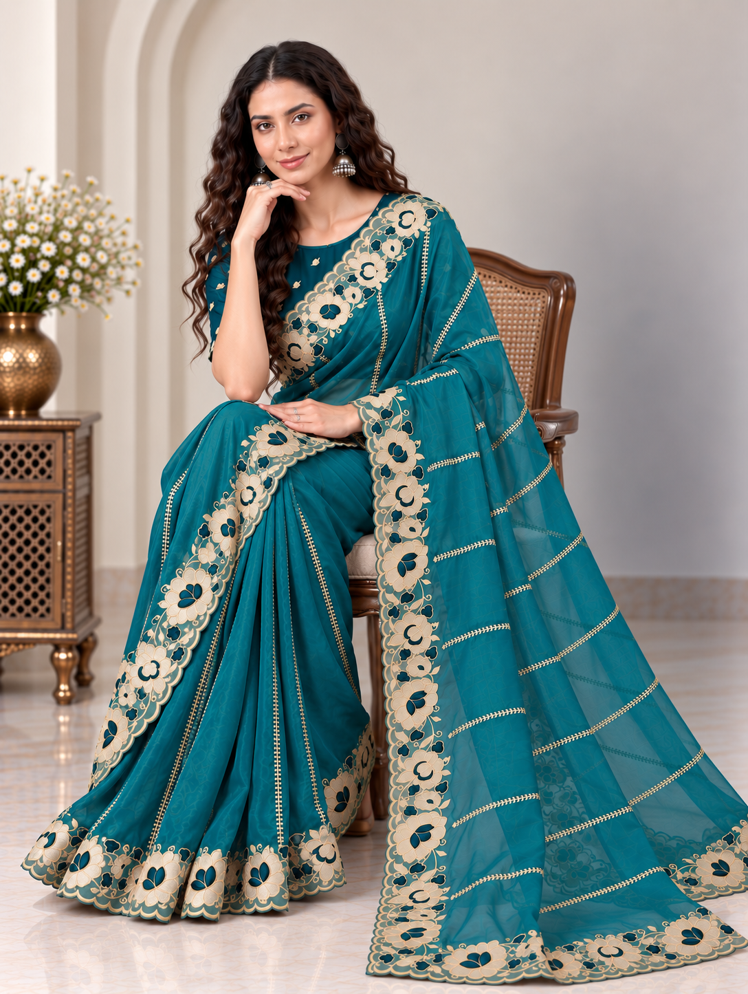 Zegoom Teal Satin Silk Saree with Floral Embroidery & Scalloped Border