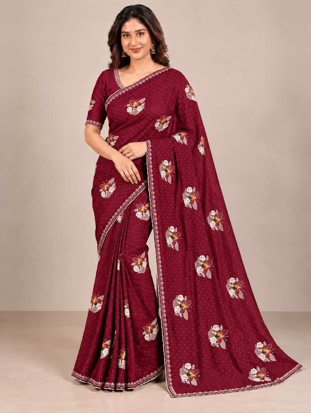 Designer Maroon Jimmy Choo Saree with Embroidered Floral Motifs and Stone Lace