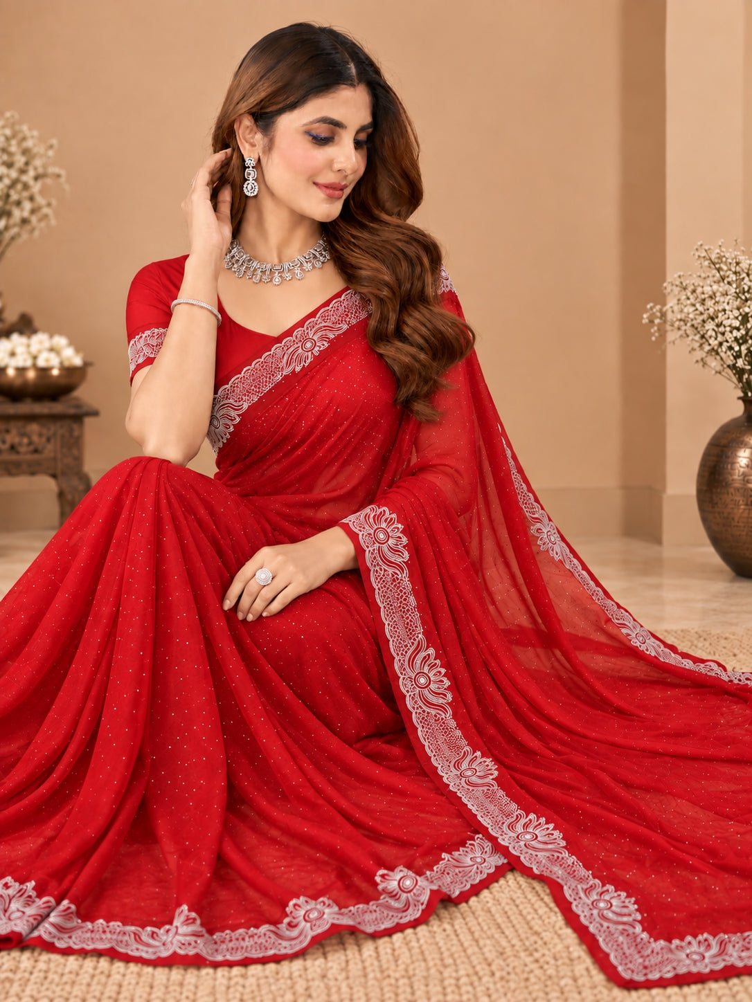 Women's Red Stone Work Saree with Floral Lace Border