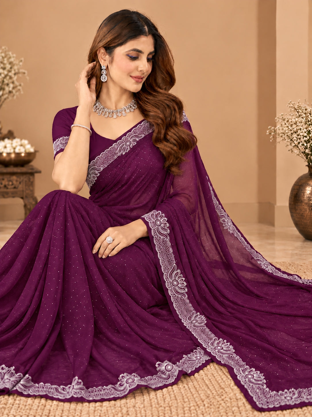Women's Rich Wine Stone Work Saree with Floral Lace Border