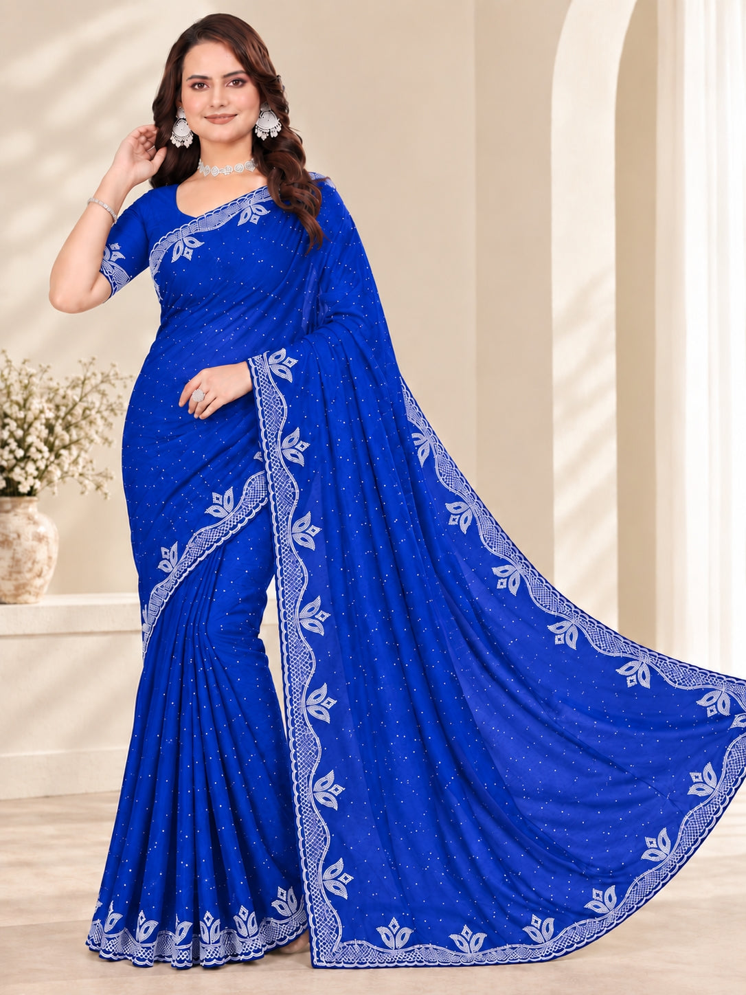 Royal Blue Stone Work Georgette Saree with Embroidered Lace Border