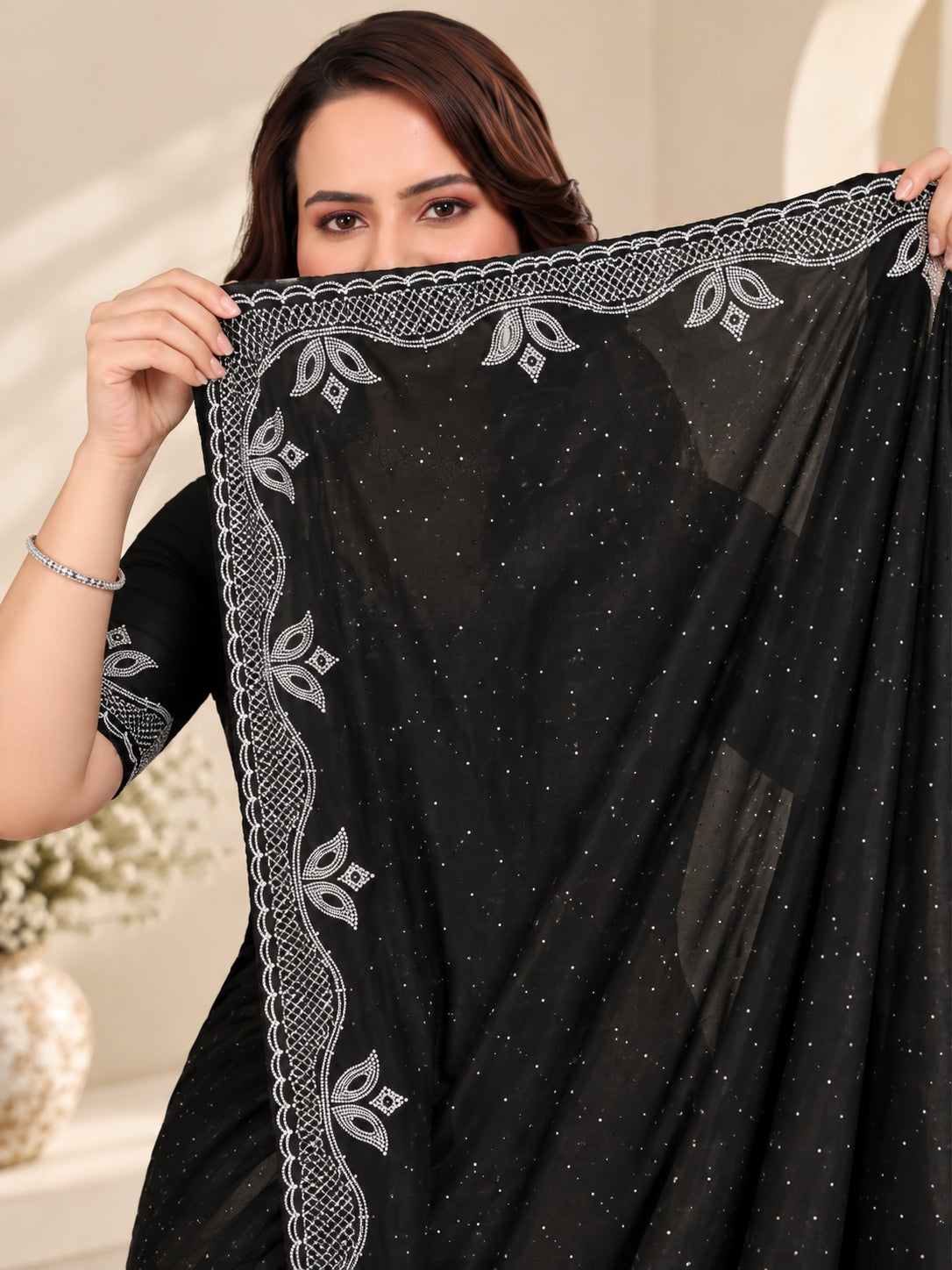 Black Georgette Saree with Embroidered Lace Border