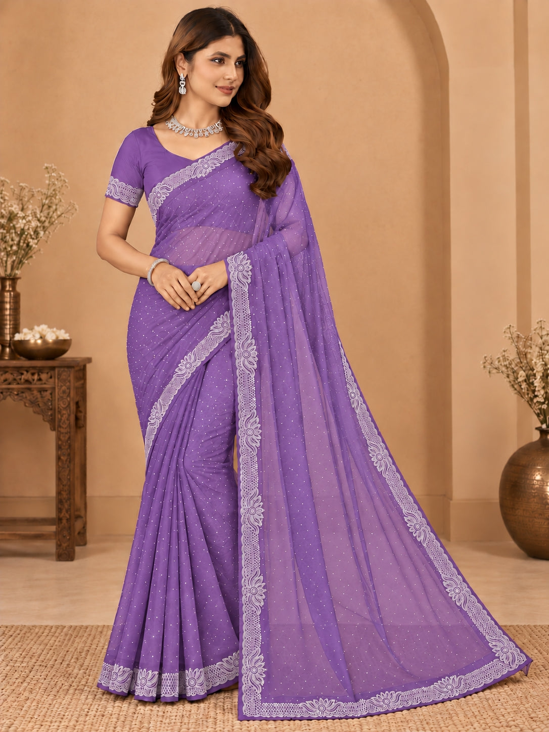 Women's Lavender Stone Work Saree with Floral Lace Border