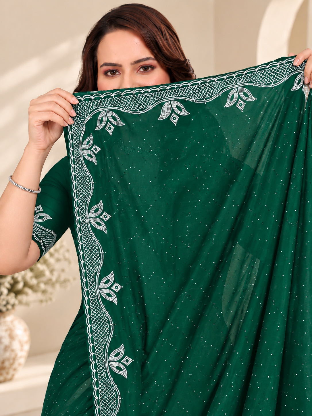 Green Stone Work Georgette Saree with Embroidered Lace Border