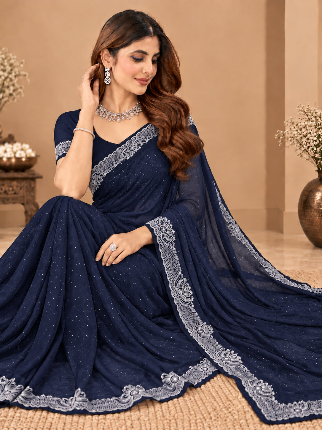 Women's Navy Blue Stone Work Saree with Floral Lace Border