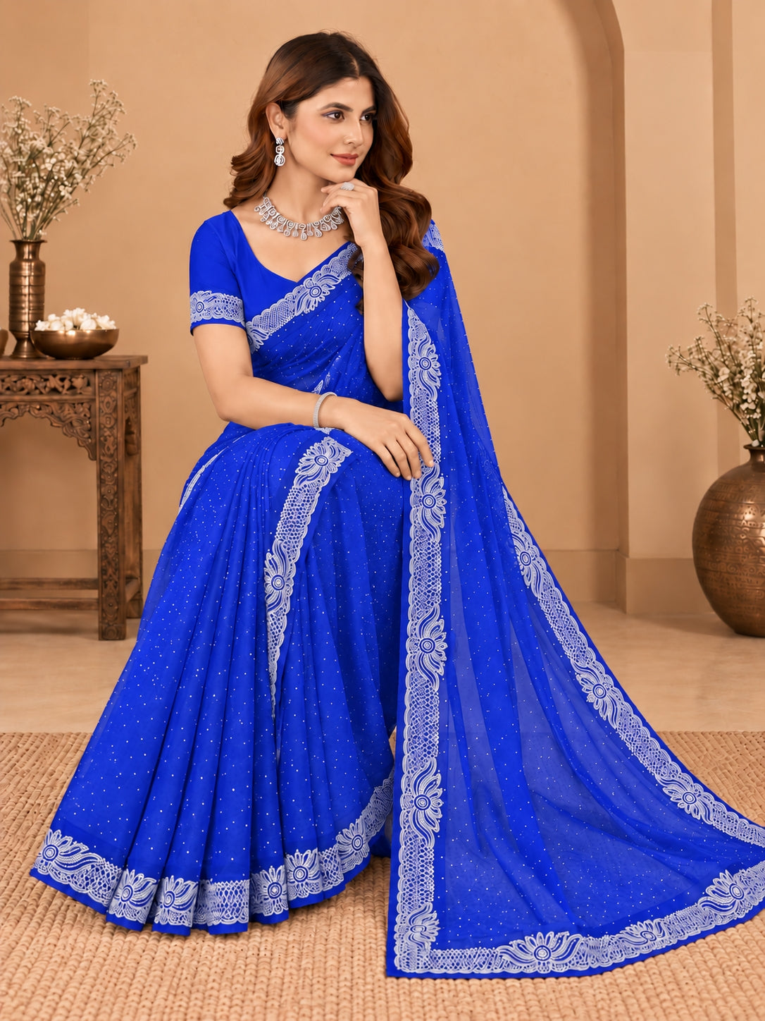 Women's Royal blue Stone Work Saree with Floral Lace Border